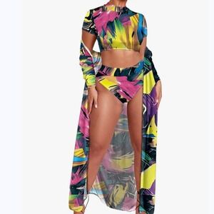 New 3 Piece Abstract Print Swimsuit Cover Up Set Women's High Waisted Bikini XL